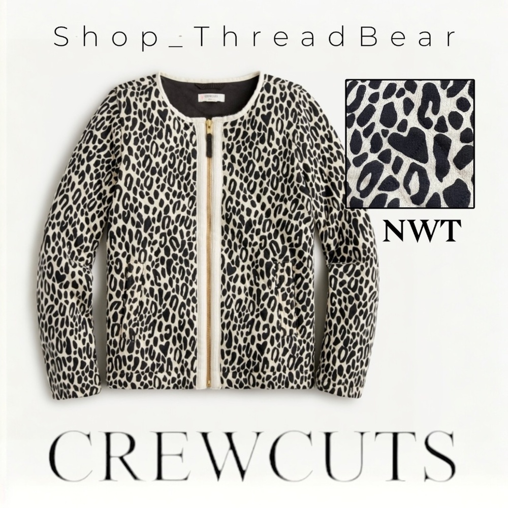 Quilted [crewcuts] Kids Ivory & Black Leopard Zip Up Jacket | Girls Large 10-12
